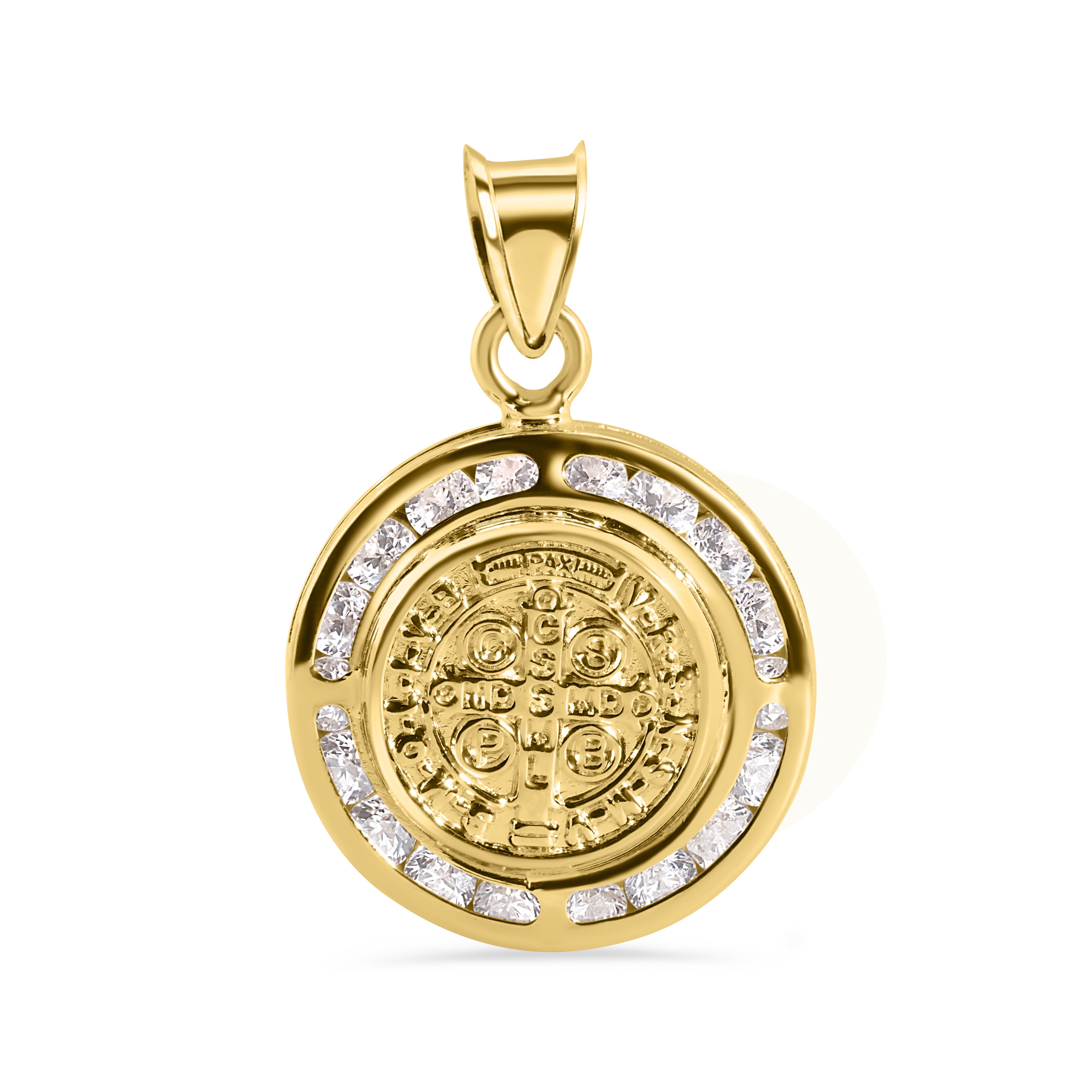 14P00131. - 14 Karat Yellow Gold Round Saint Benedict Medal Prayer Clear CZ 16.6mm Pendant