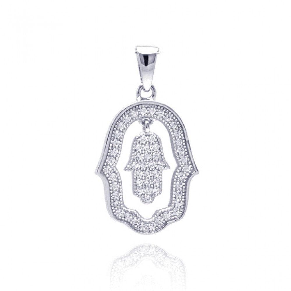 Silver 925 Rhodium Plated Open Hand Curvy Circle CZ Dangling Pendant - ACP00028