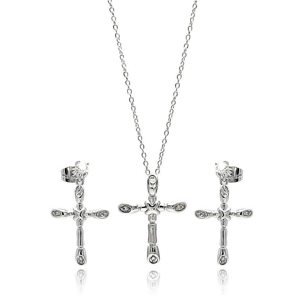 Silver 925 Rhodium Plated Bone Cross CZ Necklace and Earrings Set - BGS00308