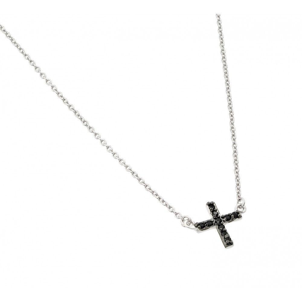 Silver 925 Rhodium Plated Black CZ Cross Pendant - BGP00956BLK