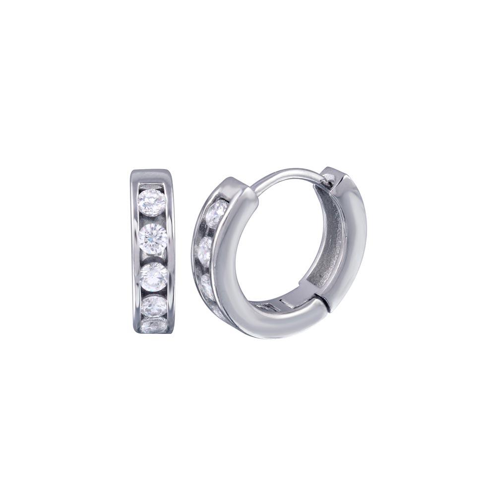 Silver 925 Rhodium Plated Channel Clear CZ huggie hoop Earrings - AAE00008-10MM