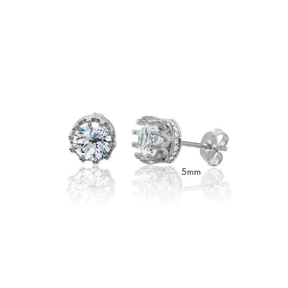 Rhodium Plated 925 Sterling Silver Round Crown Basket Clear CZ Stud Earrings - AAE00011