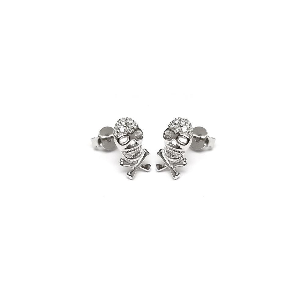 Rhodium Plated 925 Sterling Silver Skull CZ Stud Earring - ACE00001