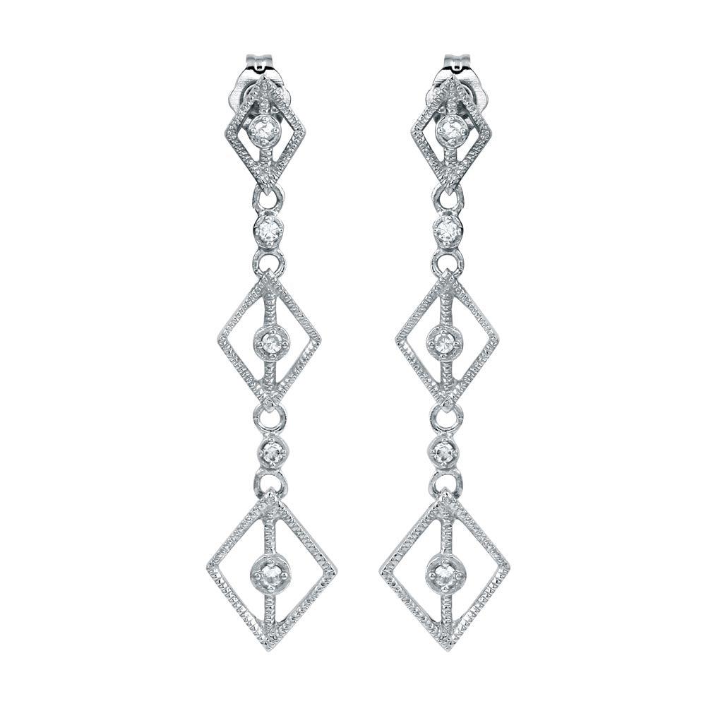 Rhodium Plated 925 Sterling Silver Dangling Linked Rhombus Earrings with CZ - ACE00009