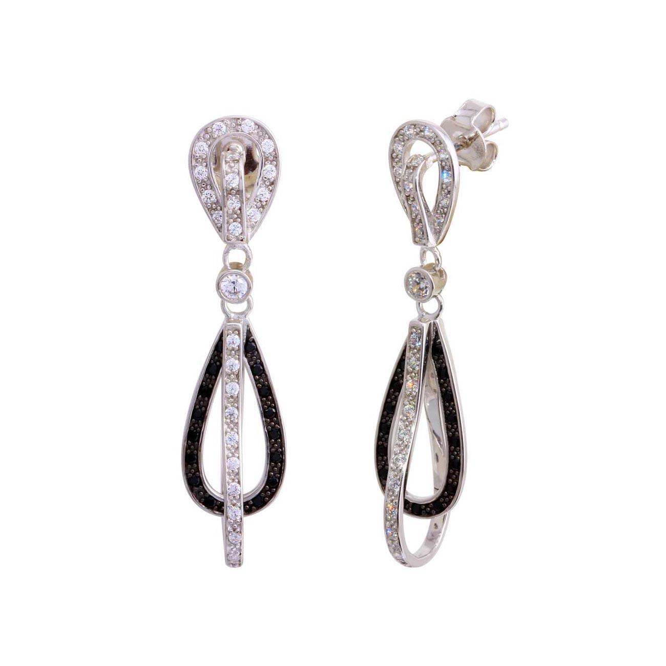 Silver Rhodium 925 Plated Micro Pave Clear Open Teardrop CZ Dangling Earring - ACE00016BLK