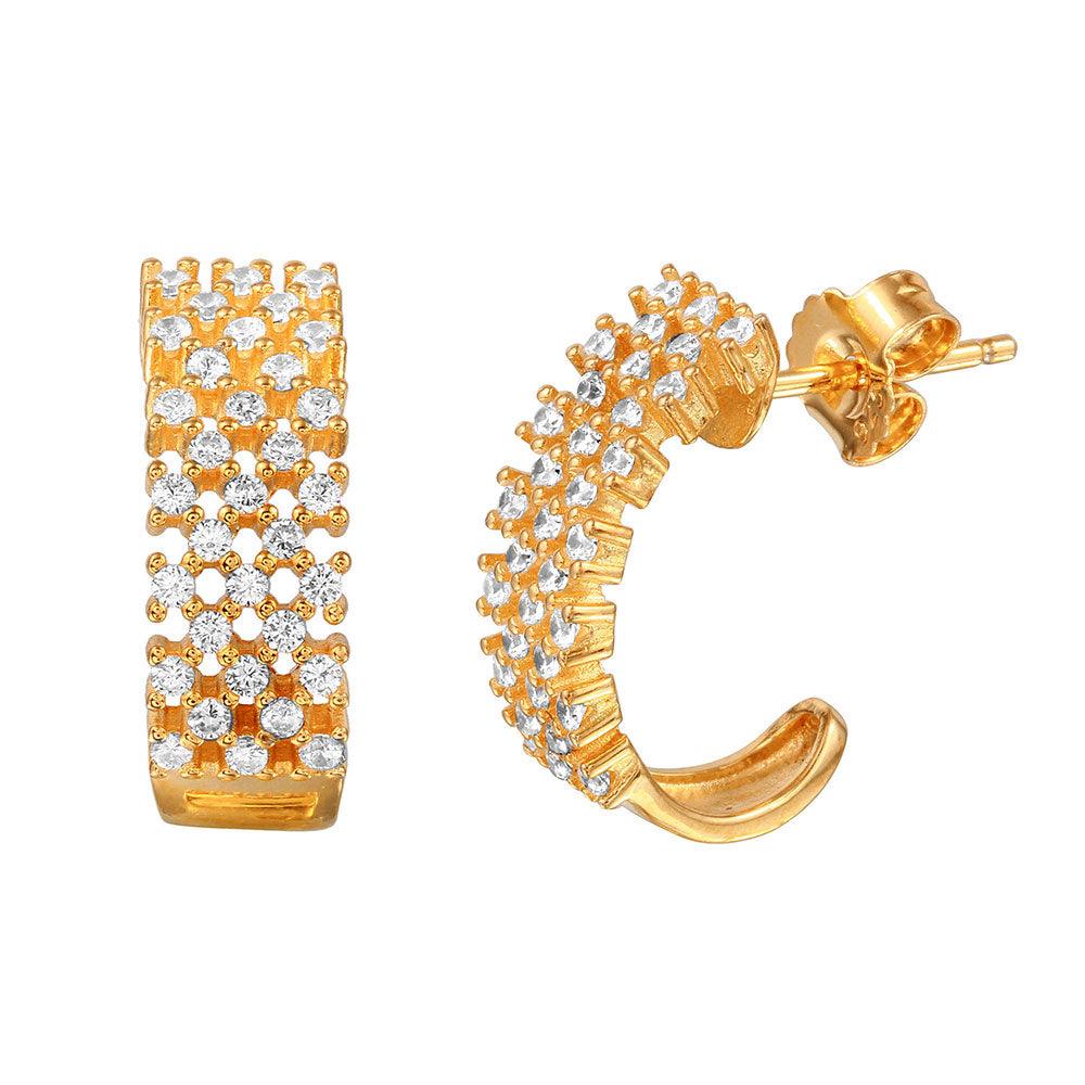 Silver 925 Gold Plated Checkered CZ Semi-huggie hoop Earrings - ACE00082GP