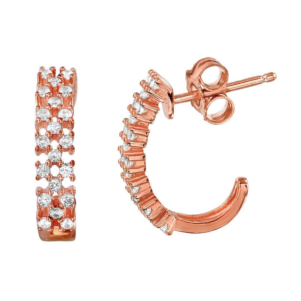 Silver 925 Rose Gold Plated Thin Checkered CZ Semi-huggie hoop Earrings - ACE00081RGP