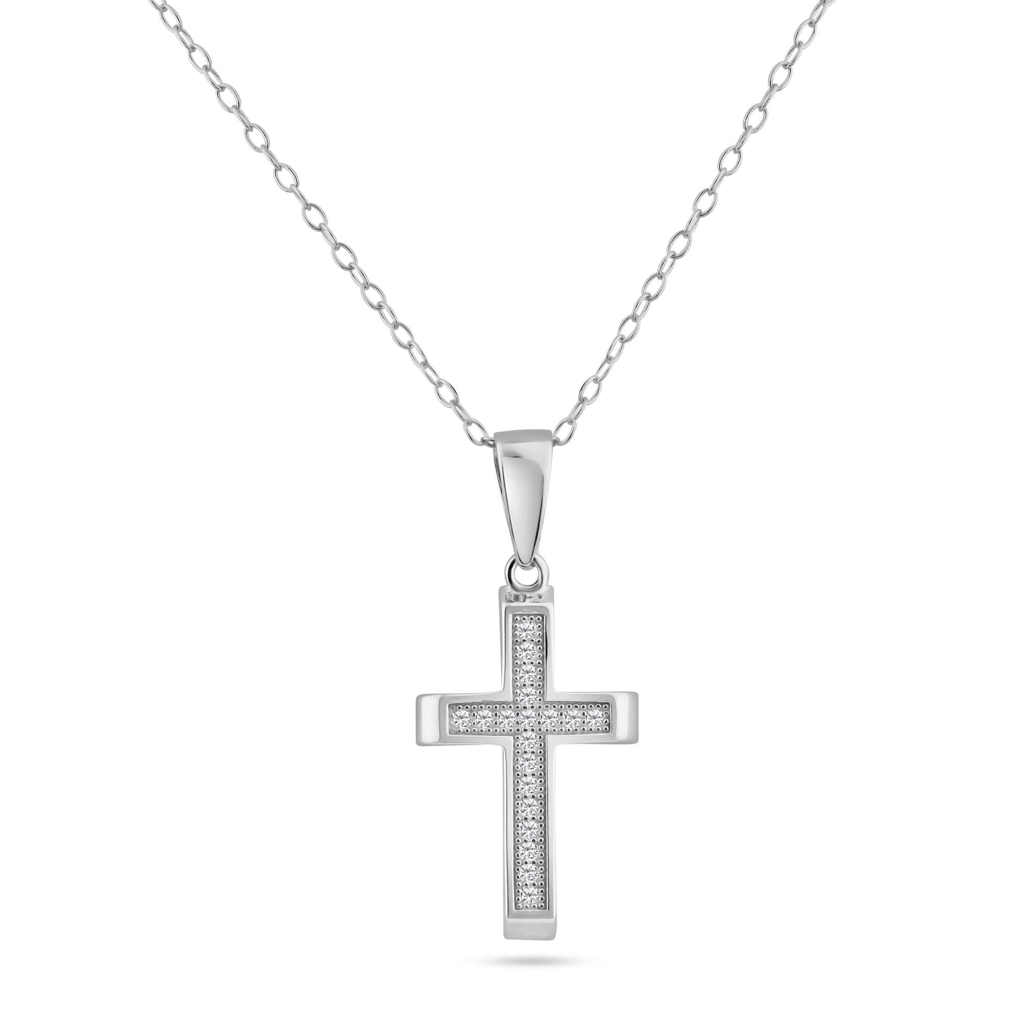 Silver 925 Rhodium Plated Cross Inlay Micro Pave CZ Dangling Pendant - ACP00068