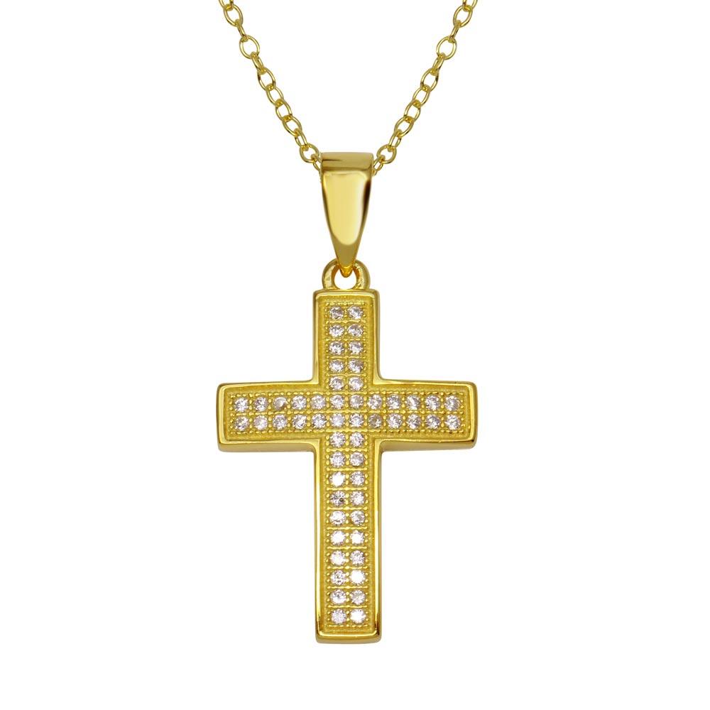 Silver 925 Gold Plated Cross Inlay Micro Pave CZ Cross Pendant - ACP00069GP