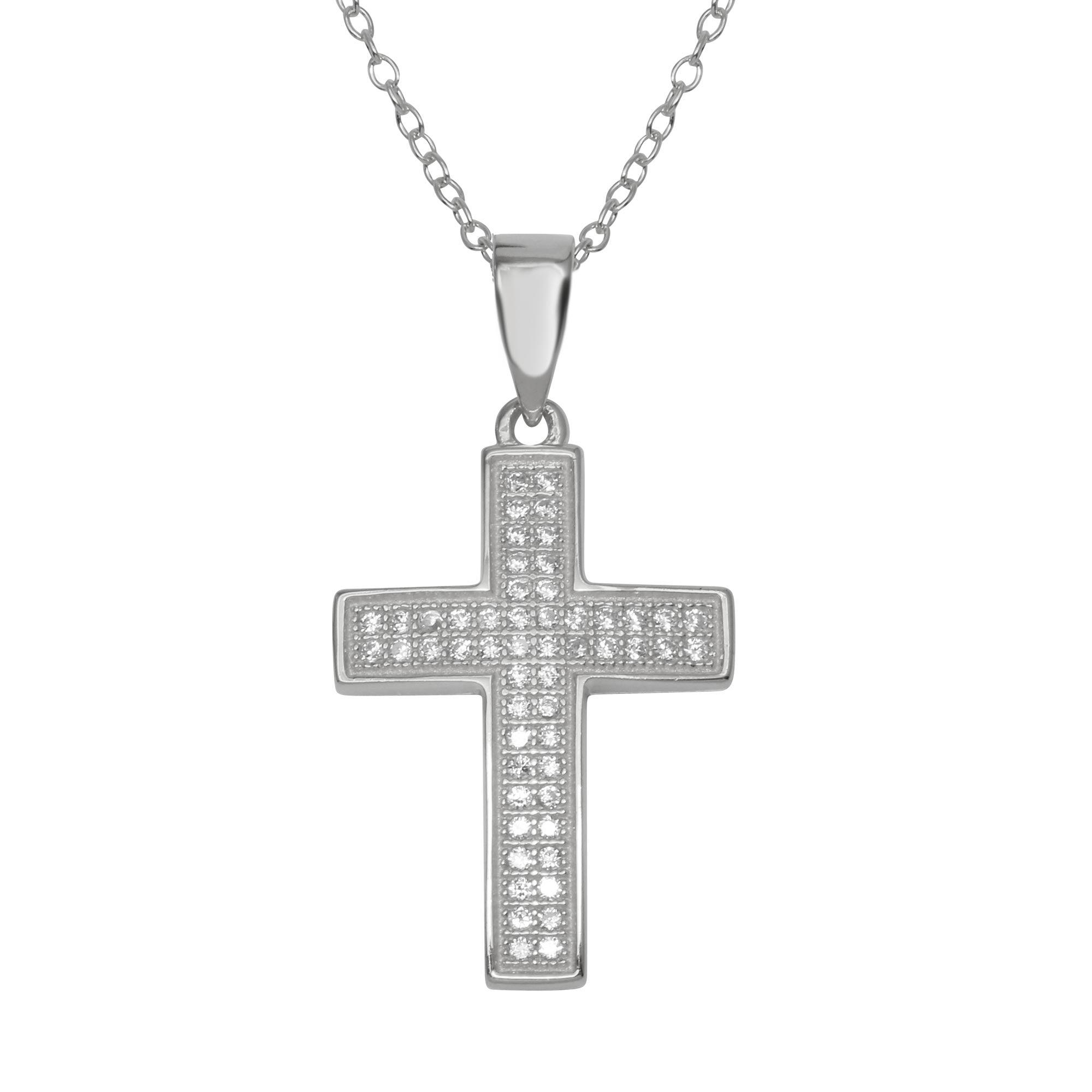 Silver 925 Rhodium Plated Cross Inlay Micro Pave CZ Cross Pendant - ACP00069RHD