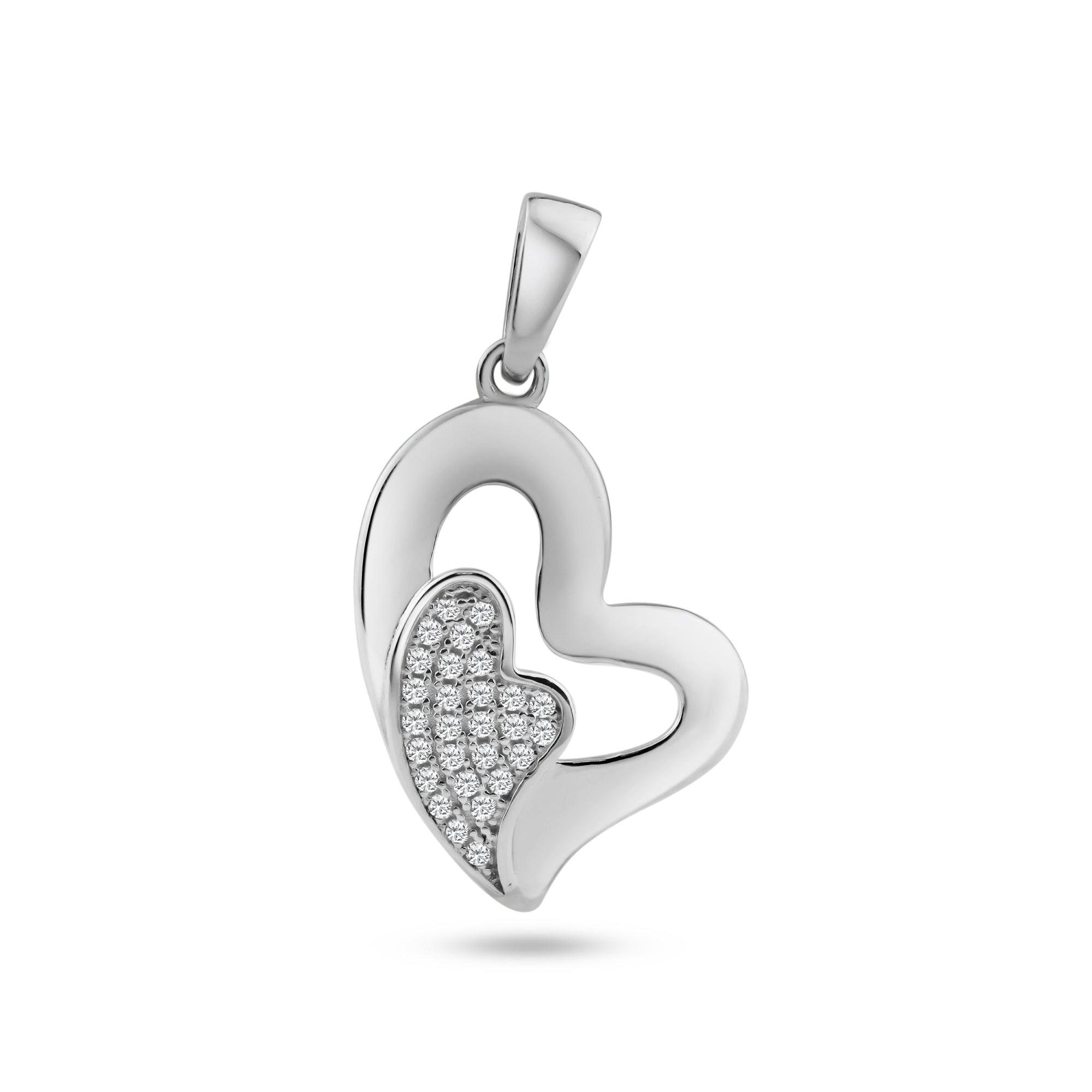 Silver 925 Rhodium Plated Open Heart Micro Pave CZ Inlay Mini Heart Dangling Pendant - ACP00091