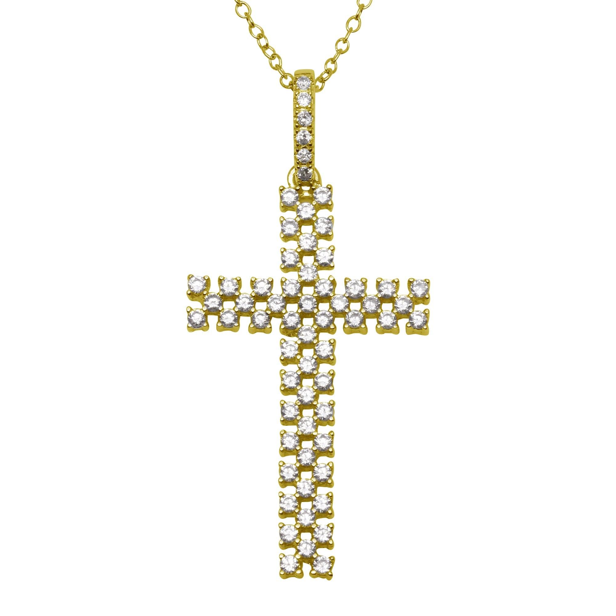 Silver 925 Gold Plated Thin Open Checkered Cross CZ Pendant - ACP00094GP