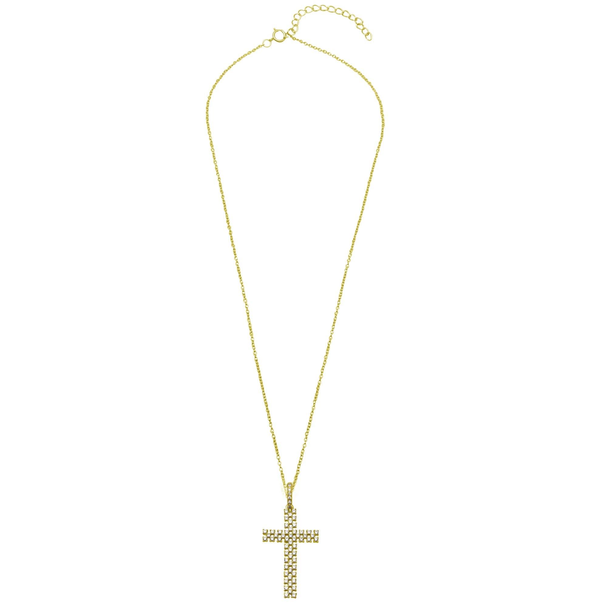 Silver 925 Gold Plated Thin Open Checkered Cross CZ Pendant - ACP00094GP