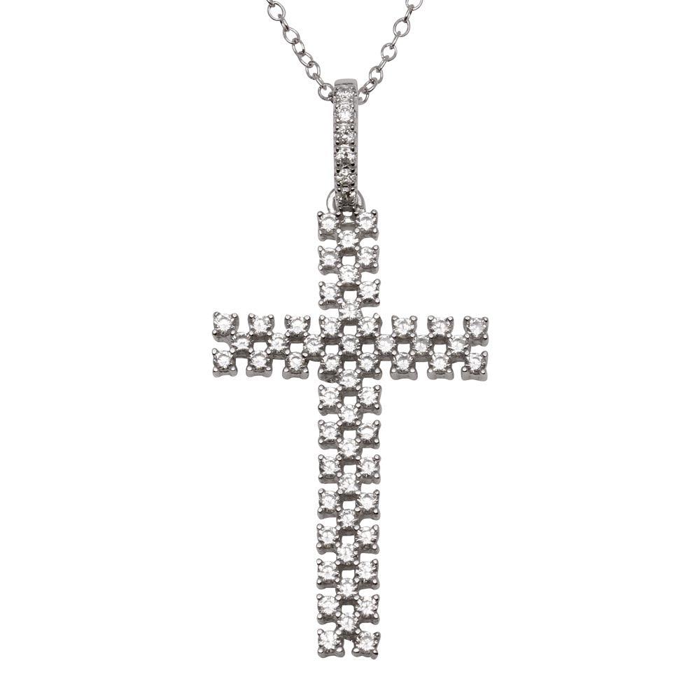 Silver 925 Rhodium Plated Thin Open Checkered Cross CZ Pendant - ACP00094RH