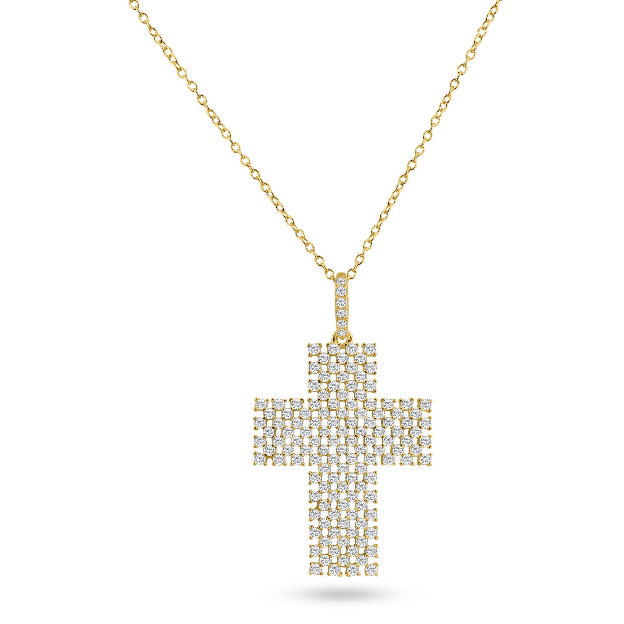 Silver 925 Gold Plated Thick Open Checkered Cross CZ Pendant - ACP00095GP