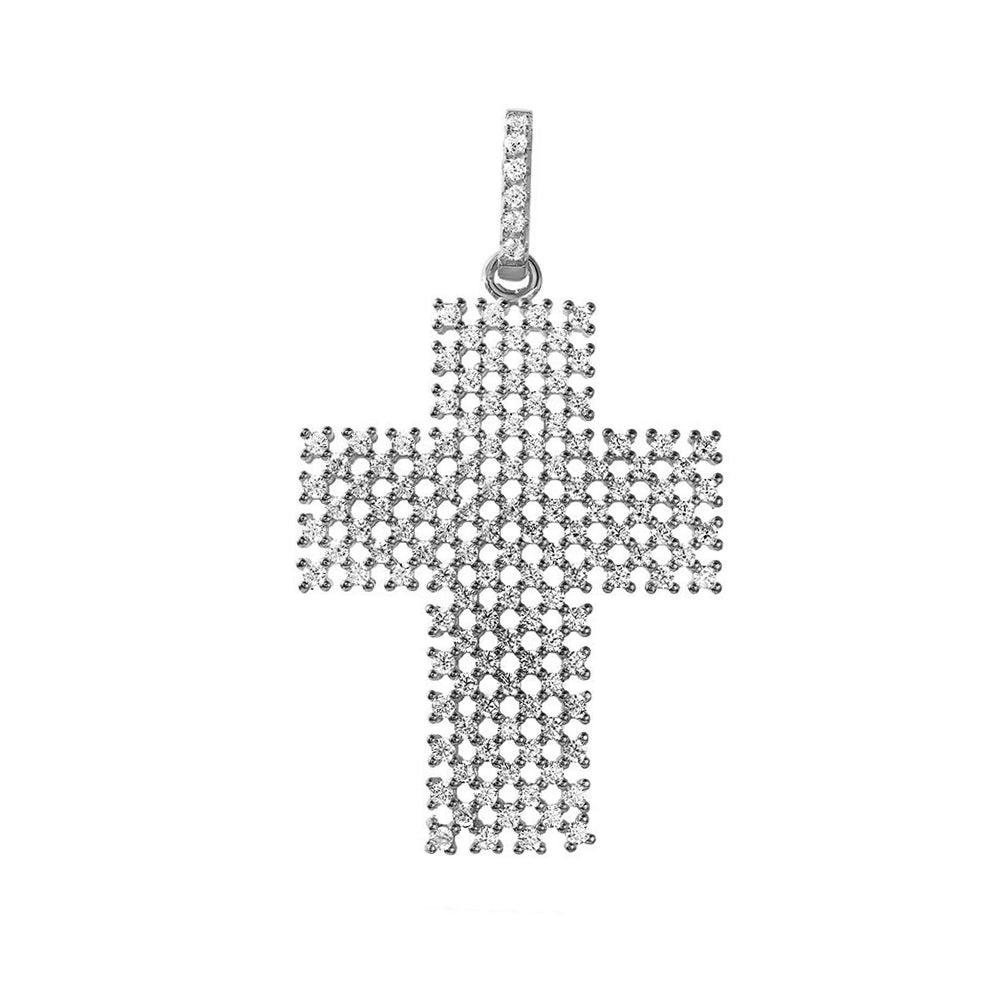 Silver 925 Rhodium Plated Thick Open Checkered Cross CZ Pendant - ACP00095RH