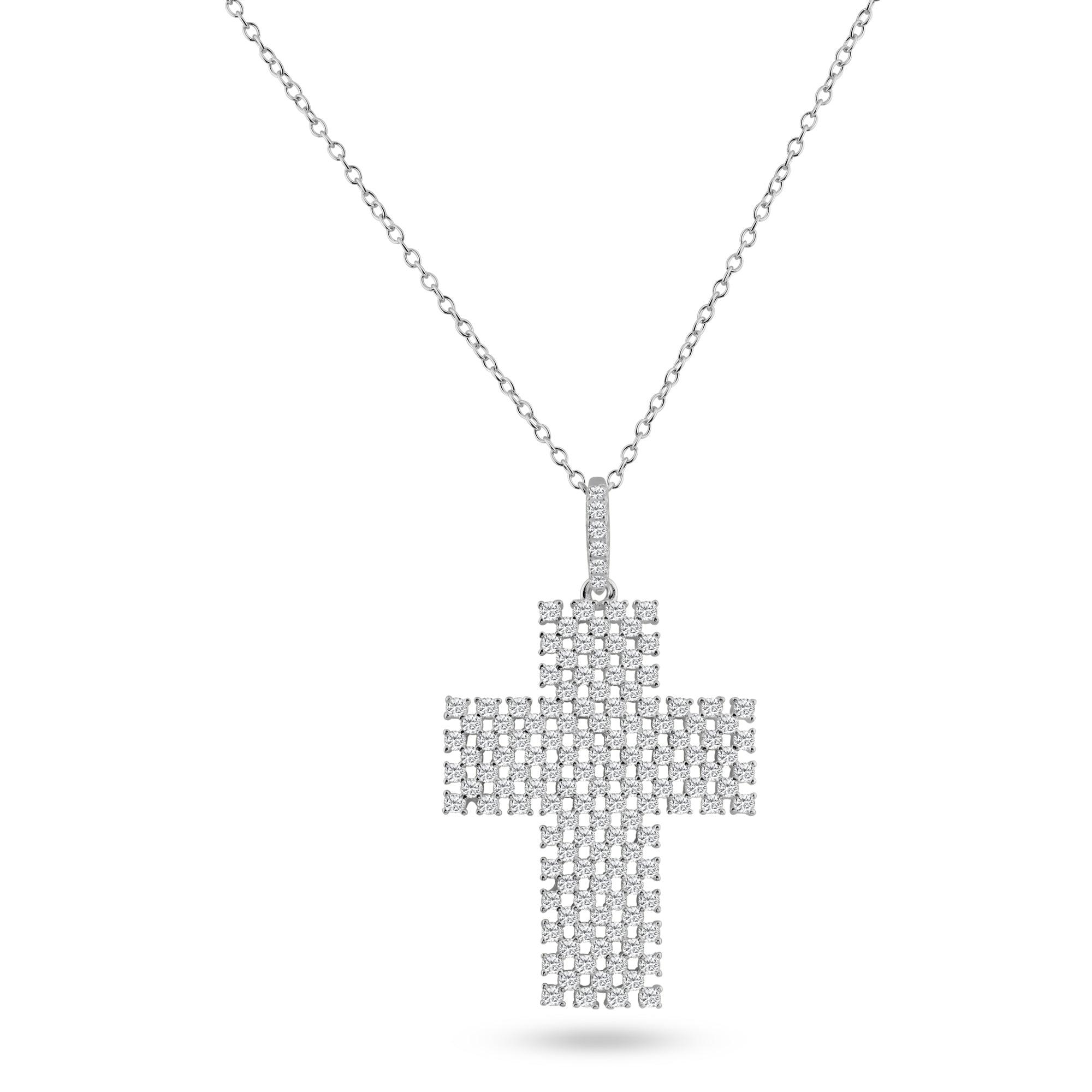 Silver 925 Rhodium Plated Thick Open Checkered Cross CZ Pendant - ACP00095RH