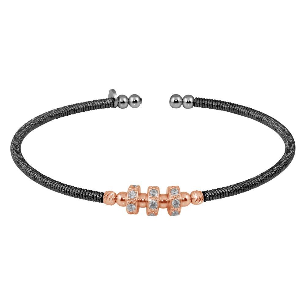 Black Rhodium Plated 925 Sterling Silver Cuff with Rose Gold Beads and CZ - ARB00001BLK