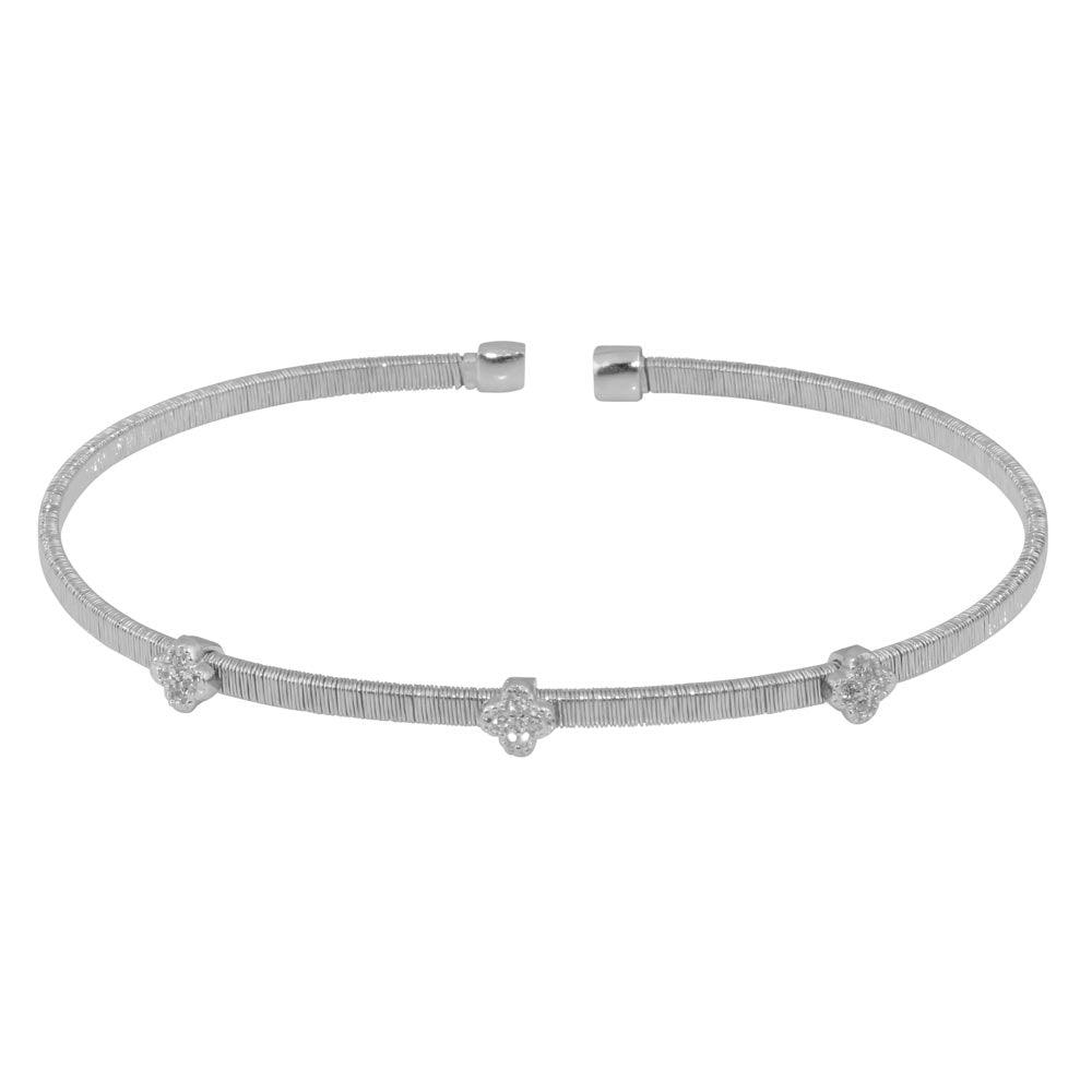 Rhodium Plated 925 Sterling Silver Three Clover Open Bangle with CZ - ARB00009RH