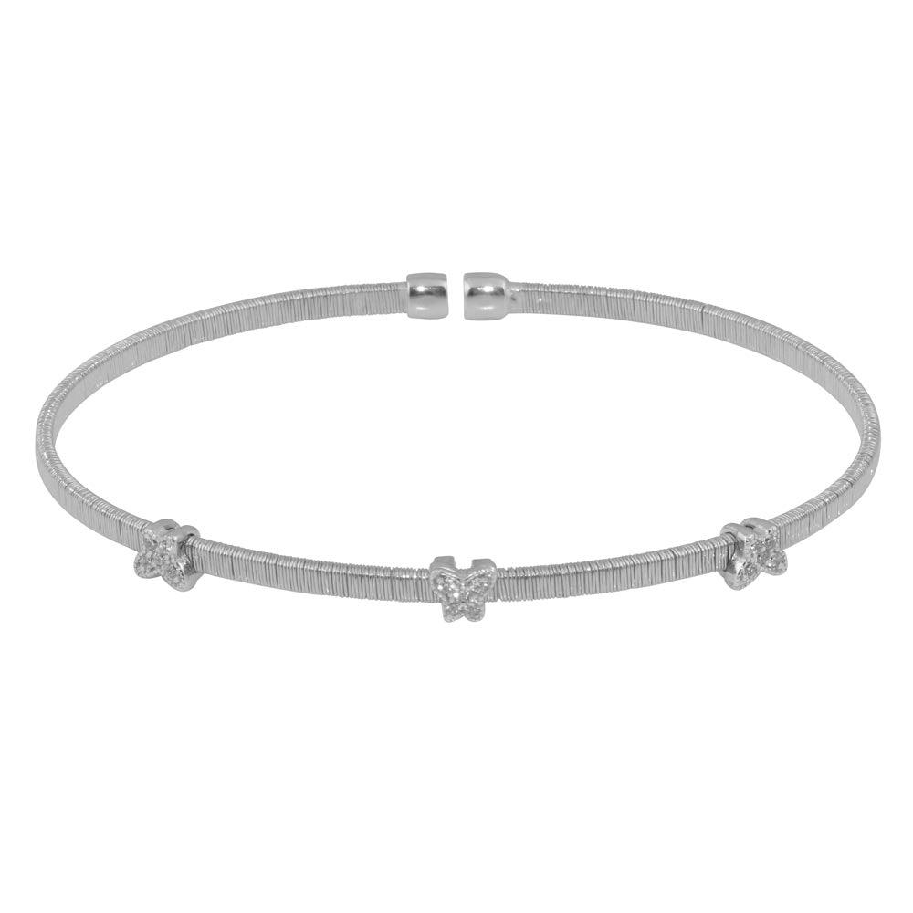 Rhodium Plated 925 Sterling Silver Three Butterfly Open Bangle with CZ - ARB00010RH