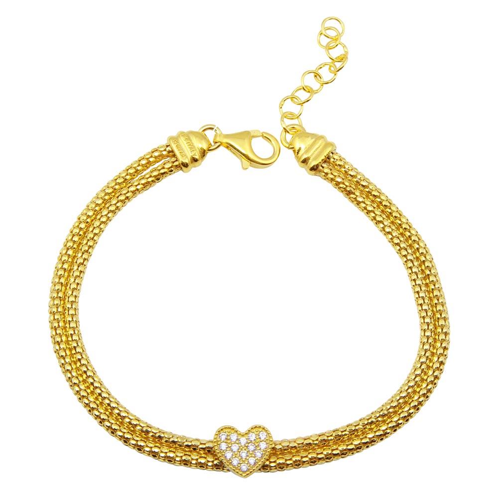 Gold Plated 925 Sterling Silver Heart and Double Chain Bracelet with CZ - ARB00016GP