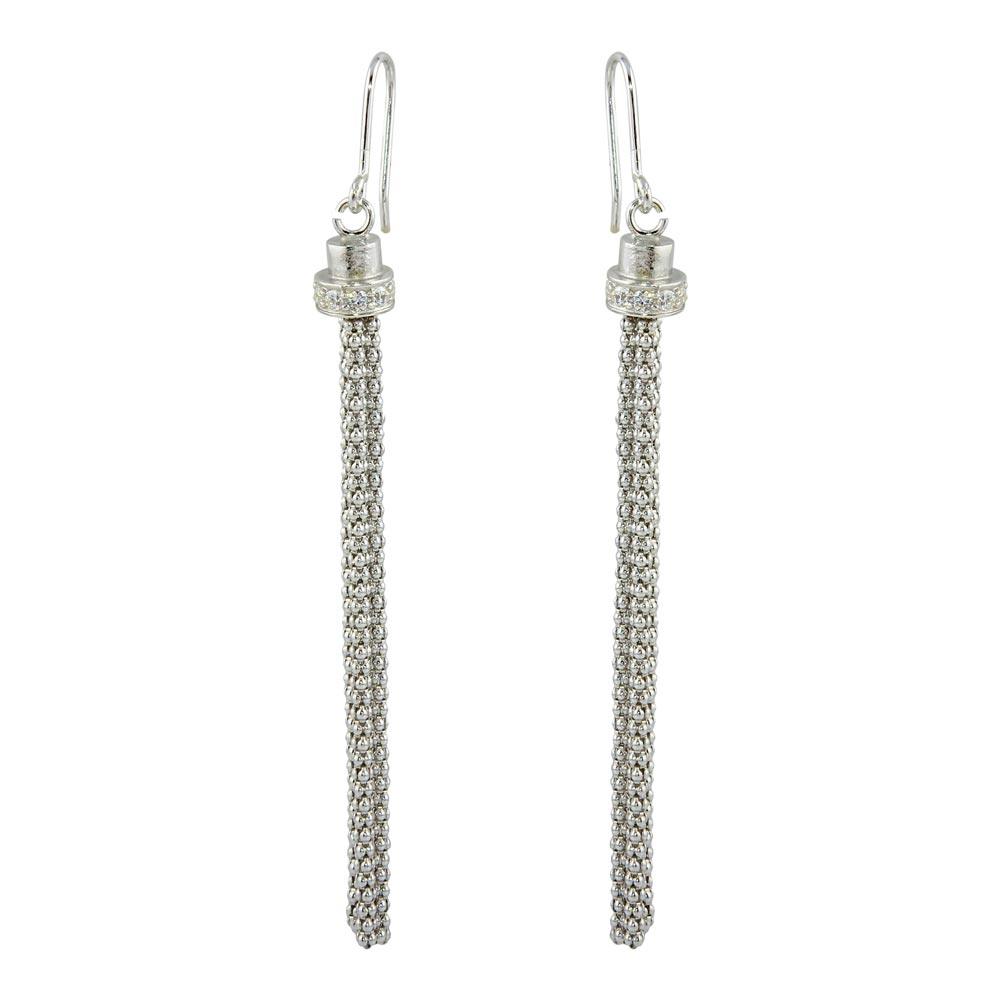 Rhodium Plated 925 Sterling Silver Tassel Drop Earrings with CZ - ARE00010RH