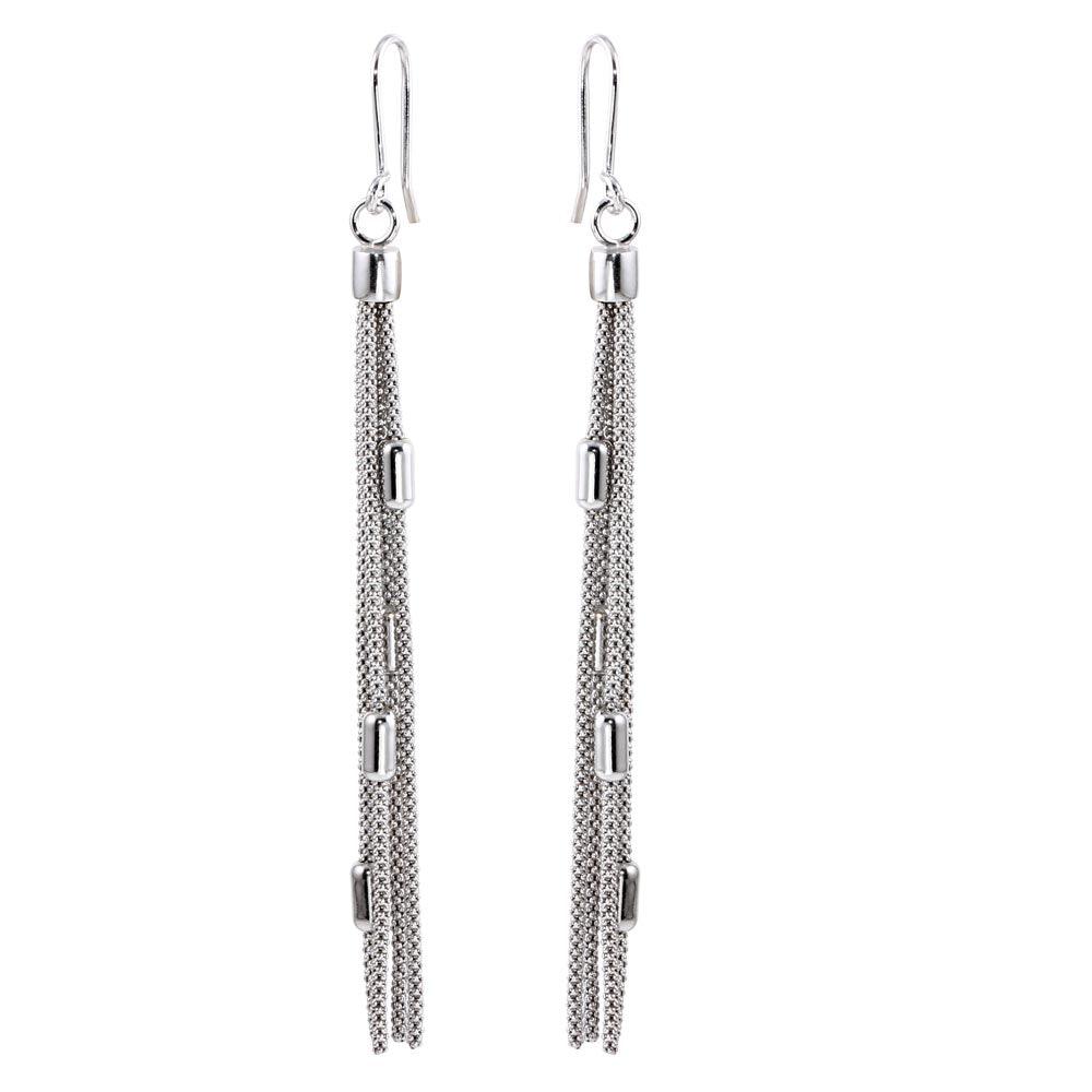 Rhodium Plated 925 Sterling Silver Tassel Earrings - ARE00011RH