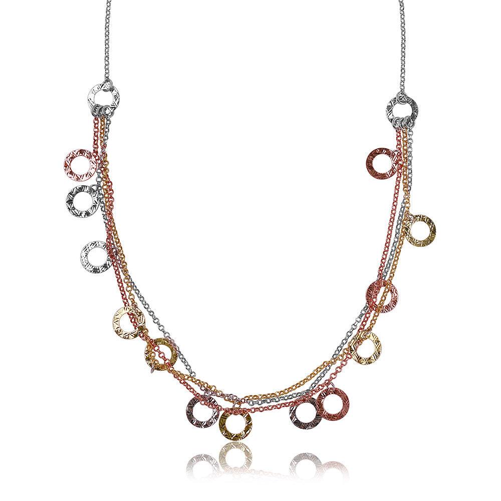 Silver 925 Multi Strands 3 Toned With Open Disc Hanging Design Italian Necklace - ARN00007TRI