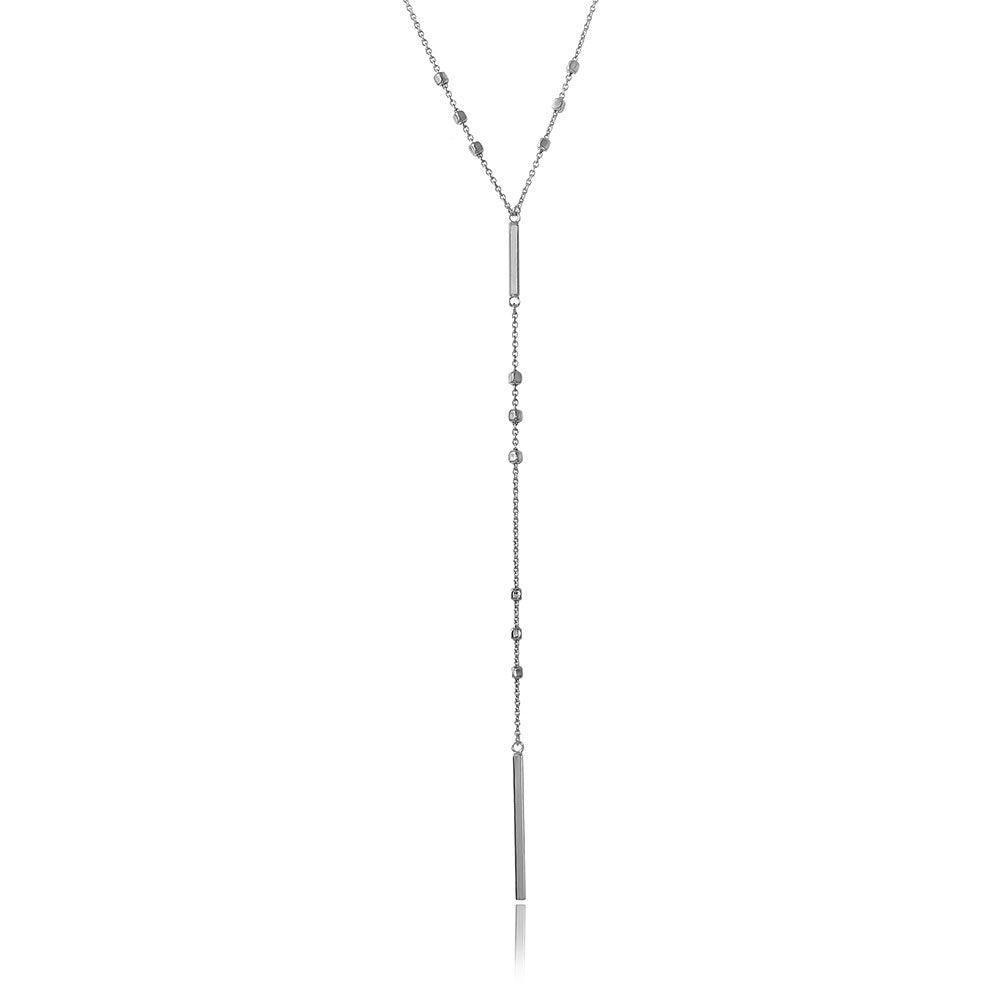 Silver 925 Rhodium Plated Beaded Necklace With A Drop Tag - ARN00013RH