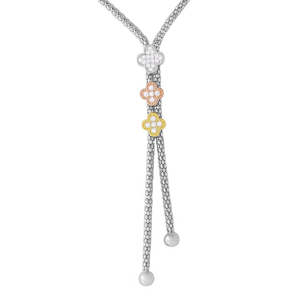 Sterling Silver Rhodium Plated Italian Drop Chain With 3 Toned Flowers - ARN00017TRI