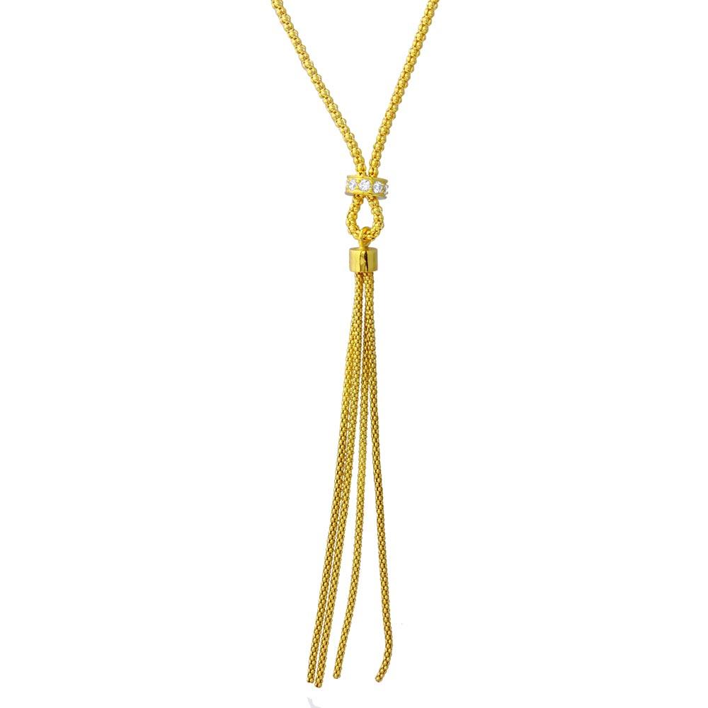 Gold Plated 925 Sterling Silver Tassel Drop Necklace with Connected CZ Ring Knot - ARN00033GP