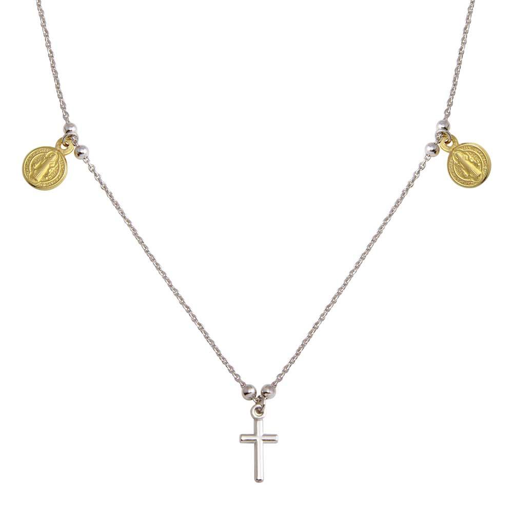 Two-Tone 925 Sterling Silver Rhodium Gold Plated Cross With Religious Charms Necklace - ARN00049RH-GP