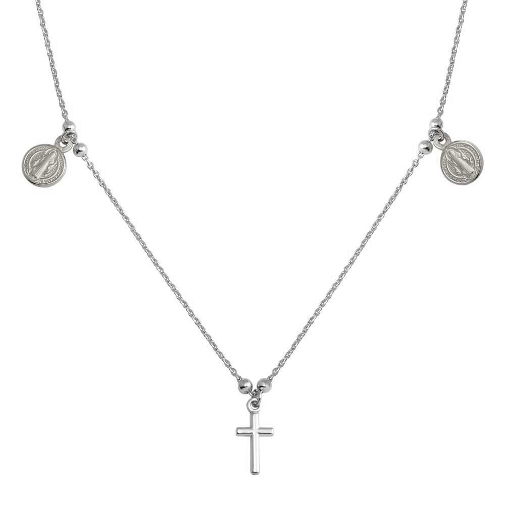 Rhodium Plated 925 Sterling Silver Cross With Religious Charms Necklace - ARN00049RH