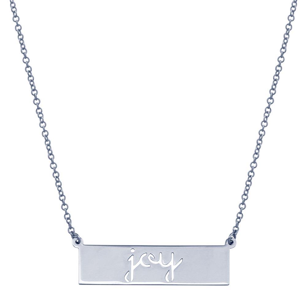 Rhodium Plated 925 Sterling Silver Joy Engraved Bar Pendant Necklace  - ARN00054RH