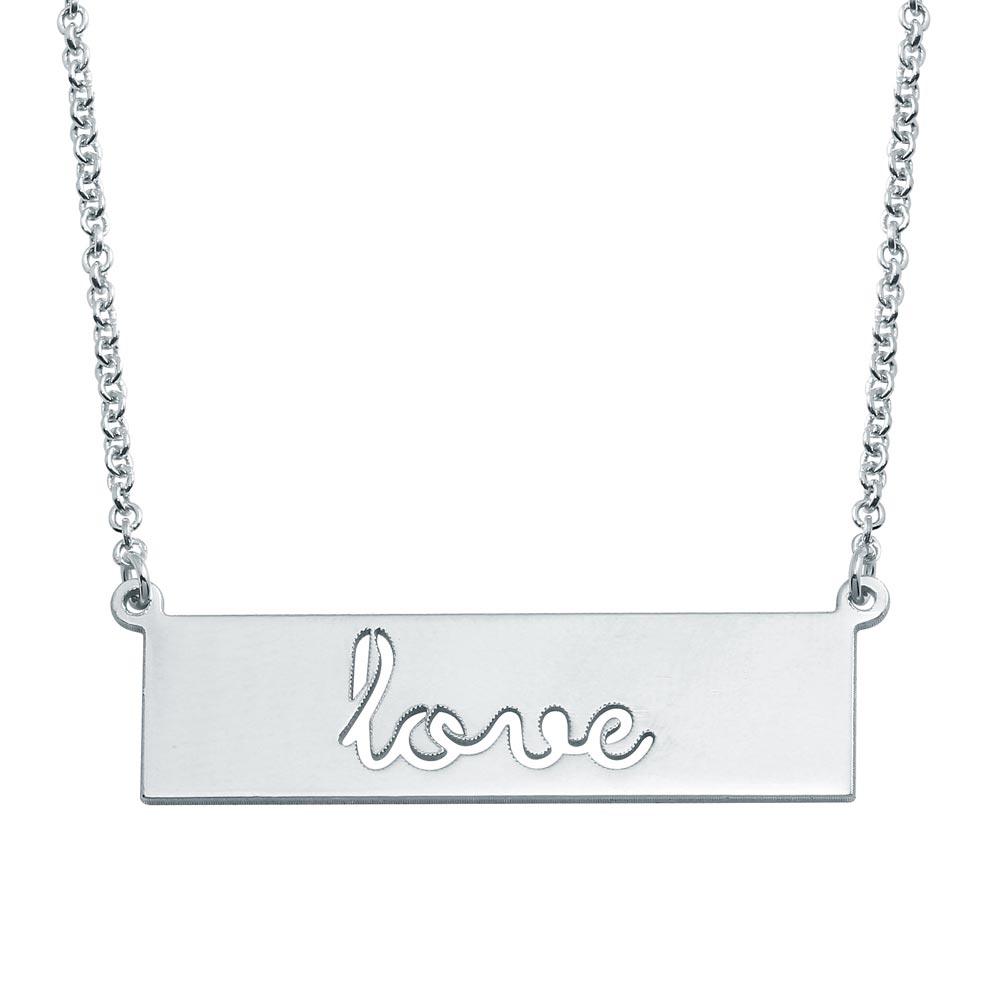 Rhodium Plated 925 Sterling Silver Love Engraved Bar Pendant Necklace  - ARN00055RH