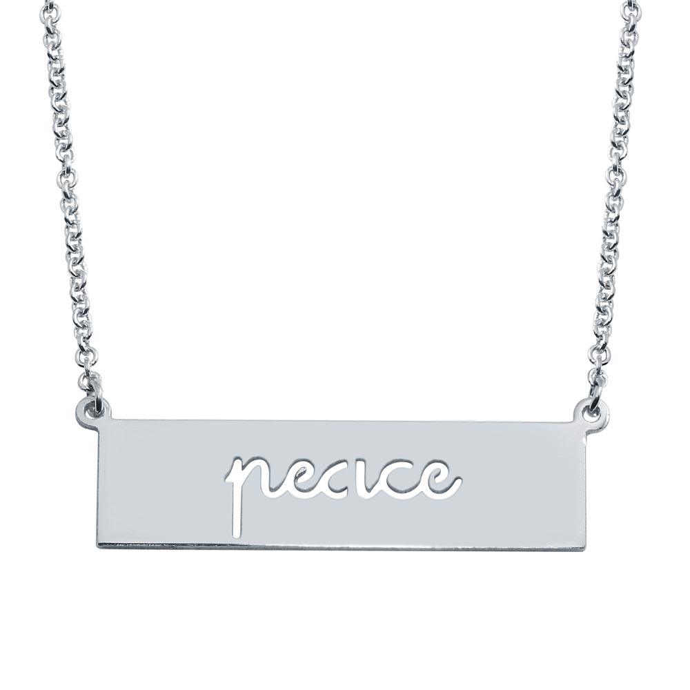 Rhodium Plated 925 Sterling Silver Peace Engraved Bar Pendant Necklace  - ARN00056RH