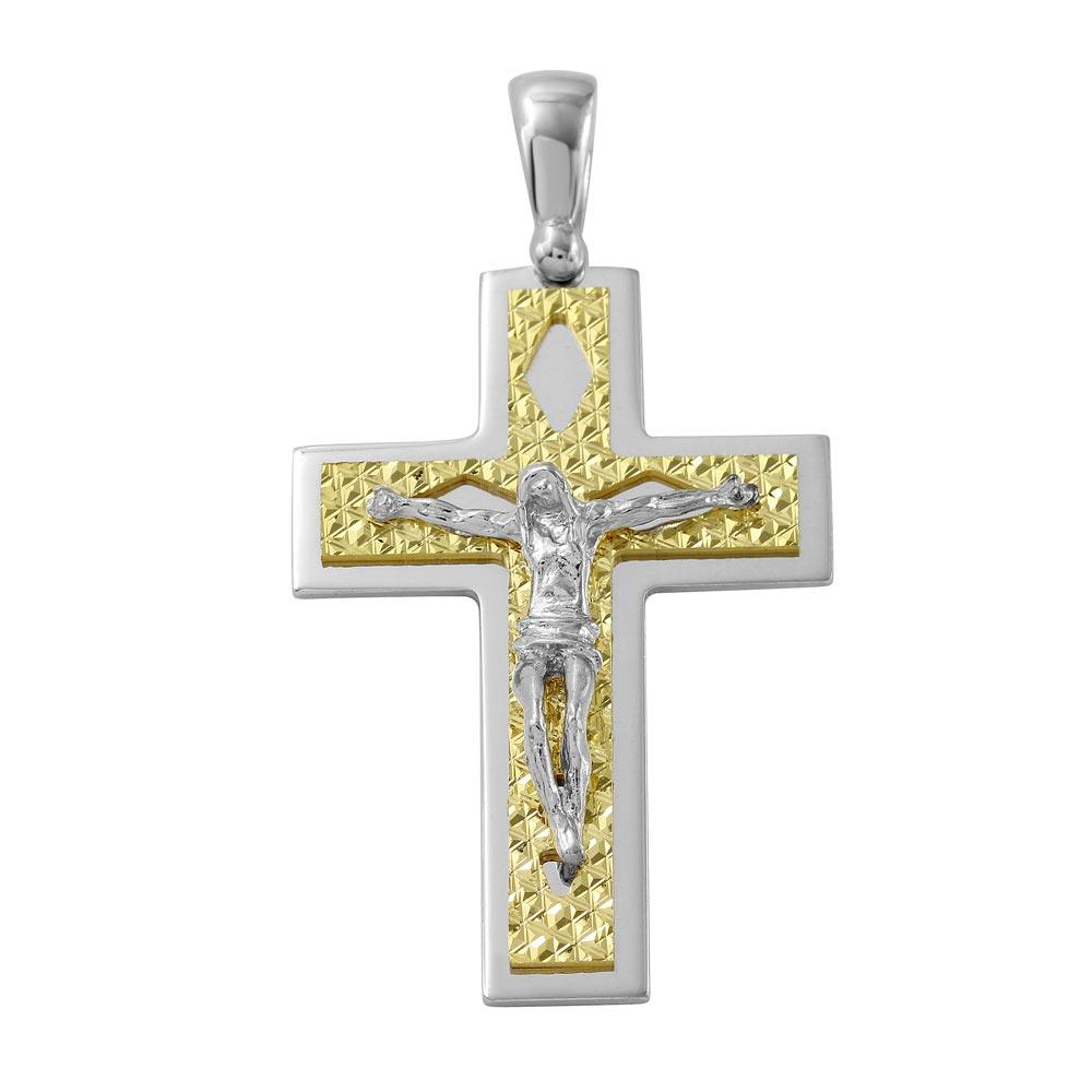 Two-Tone 925 Sterling Silver D-C Gold Plated Crucifix Pendant with Rhombus Design - ARP00012