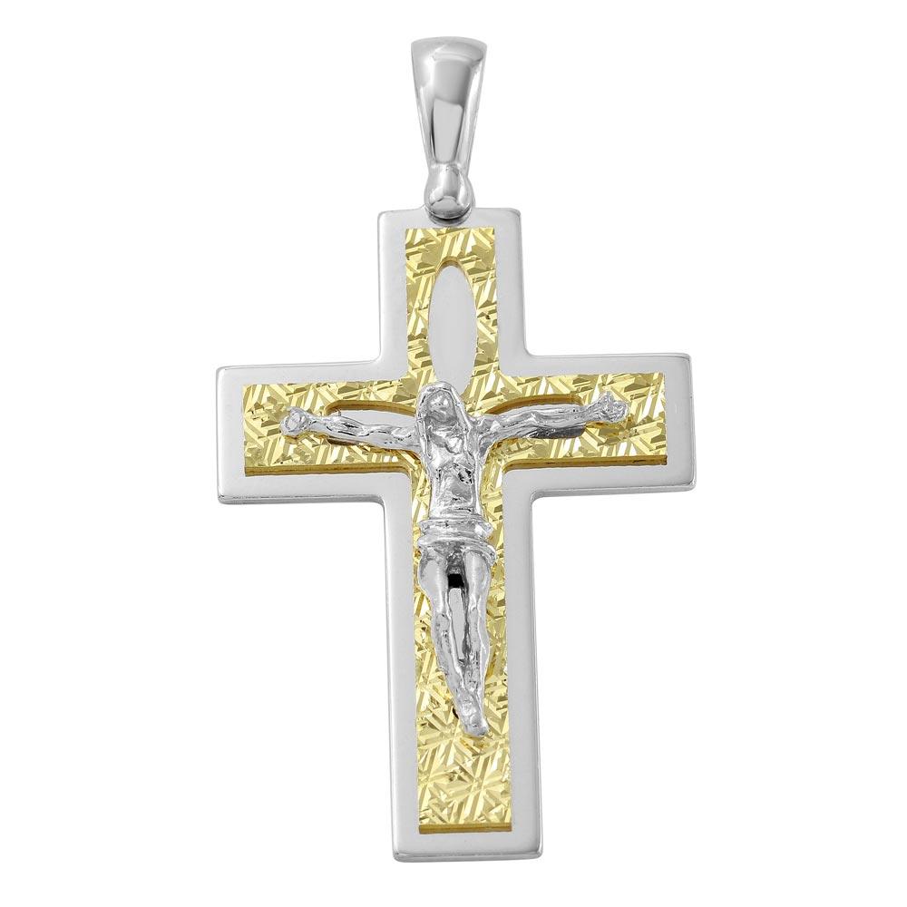 Two-Tone 925 Sterling Silver D-C Gold Plated Crucifix Pendant with Pearl Design - ARP00014