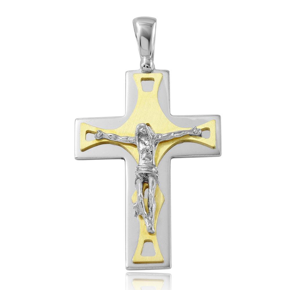 Rhodium Plated 925 Sterling Silver and Matte Gold Plated Crucifix Pendant with Trapezoid Design - ARP00016GP