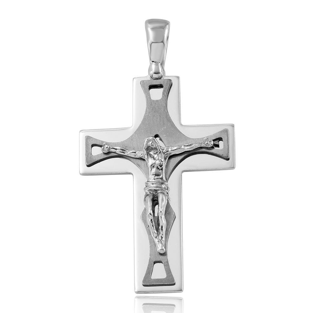 Rhodium Plated 925 Sterling Silver and Matte Black Rhodium Plated Crucifix Pendant with Trapezoid Design - ARP00016B