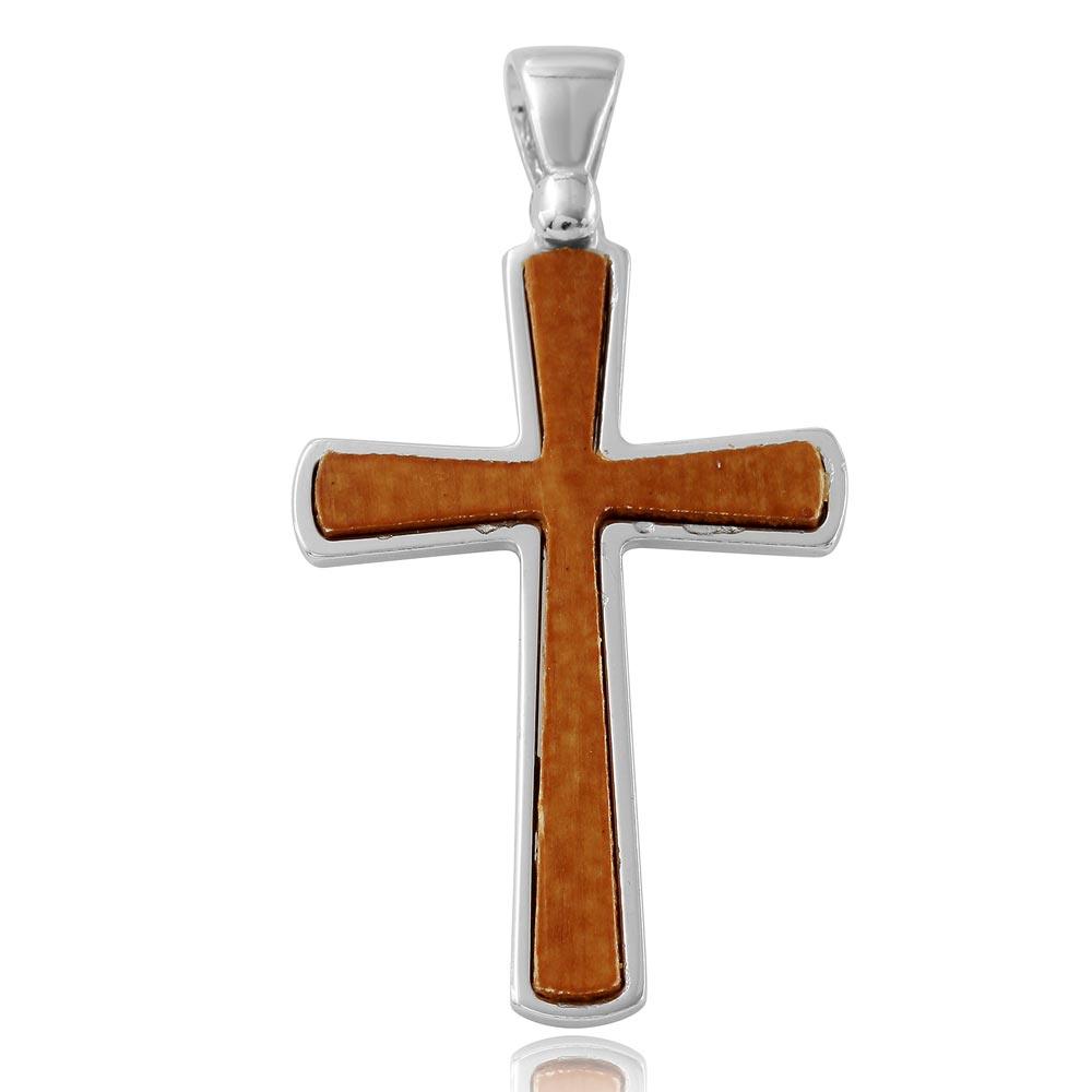 Rhodium Plated 925 Sterling Silver Wooden Cross Pendant - ARP00020