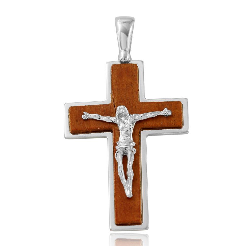 Rhodium Plated 925 Sterling Silver Wooden Crucifix Pendant - ARP00022