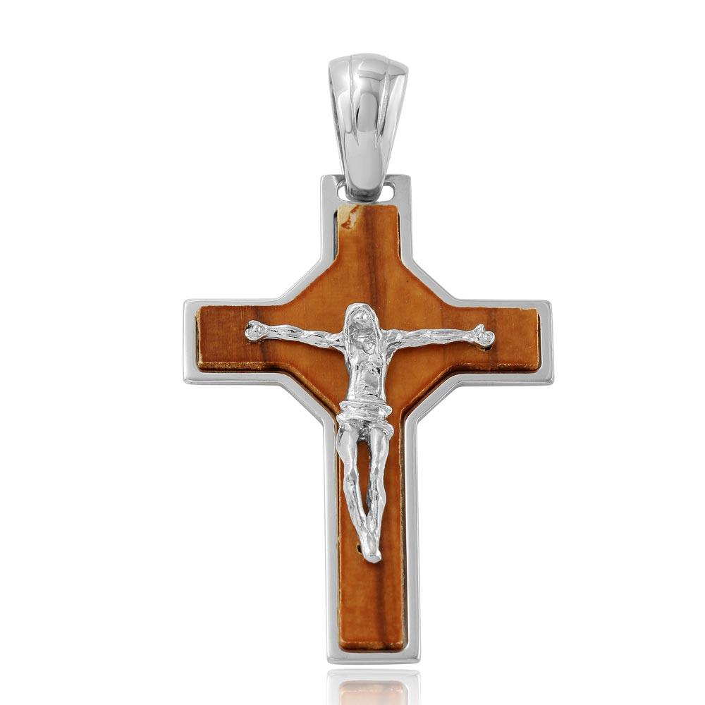 Rhodium Plated 925 Sterling Silver Big Wooden Crucifix Pendant - ARP00023