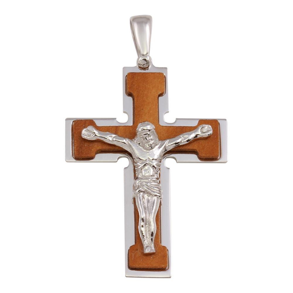 Rhodium Plated 925 Sterling Silver and Wood Crucifix Pendant - ARP00029B