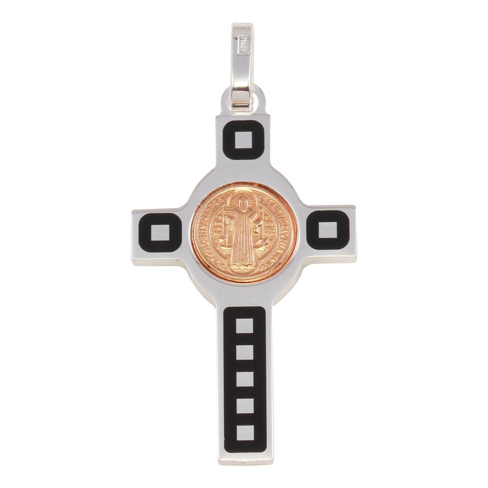 Rhodium Plated 925 Sterling Silver Cross Pendant with Rose Gold Plated Medallion - ARP00034RGP