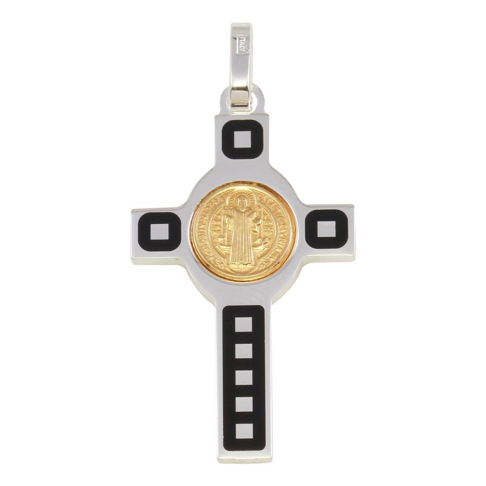 Rhodium Plated 925 Sterling Silver Cross Pendant with Gold Plated Medallion - ARP00034GP