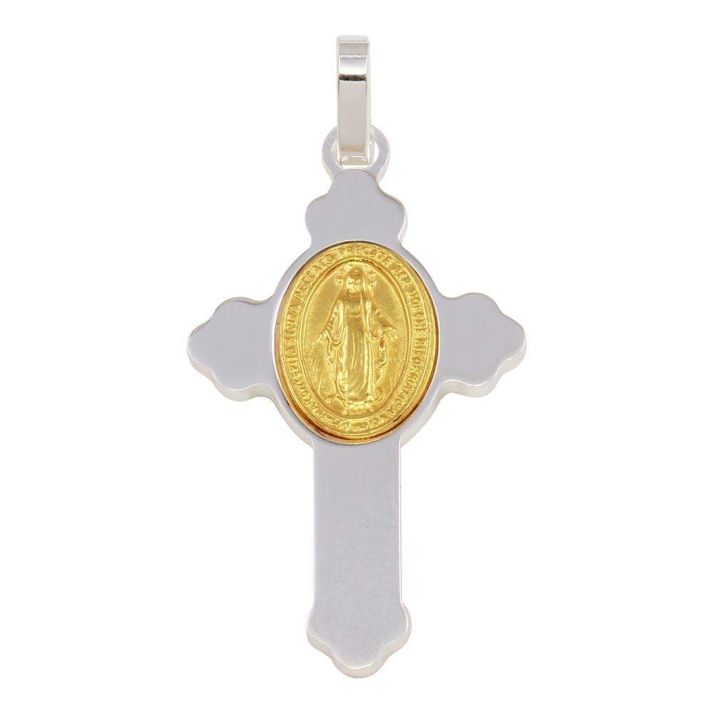 Rhodium Plated 925 Sterling Silver Cross Pendant with Gold Plated Medallion - ARP00035GP