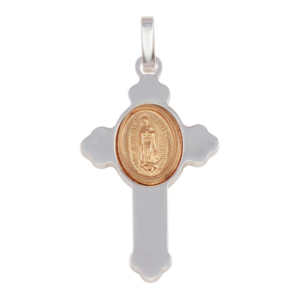 Rhodium Plated 925 Sterling Silver Cross Pendant with Rose Gold Medallion - ARP00036RGP