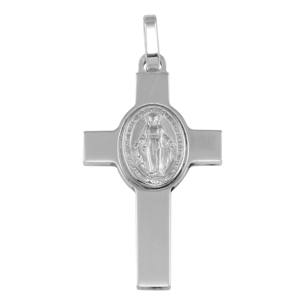 Rhodium Plated 925 Sterling Silver Cross Pendant with Medallion - ARP00037