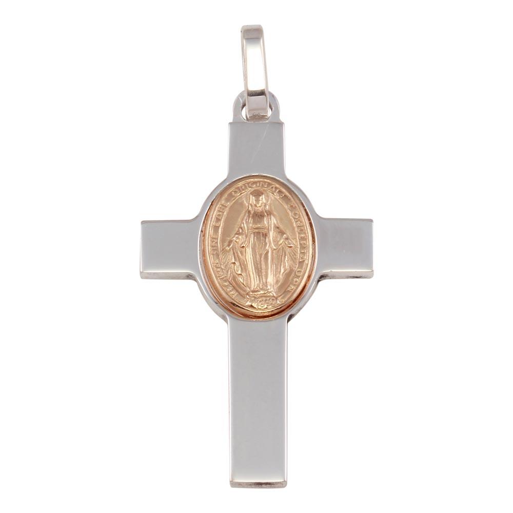 Rhodium Plated 925 Sterling Silver Cross Pendant with Rose Gold Plated Medallion - ARP00037RGP